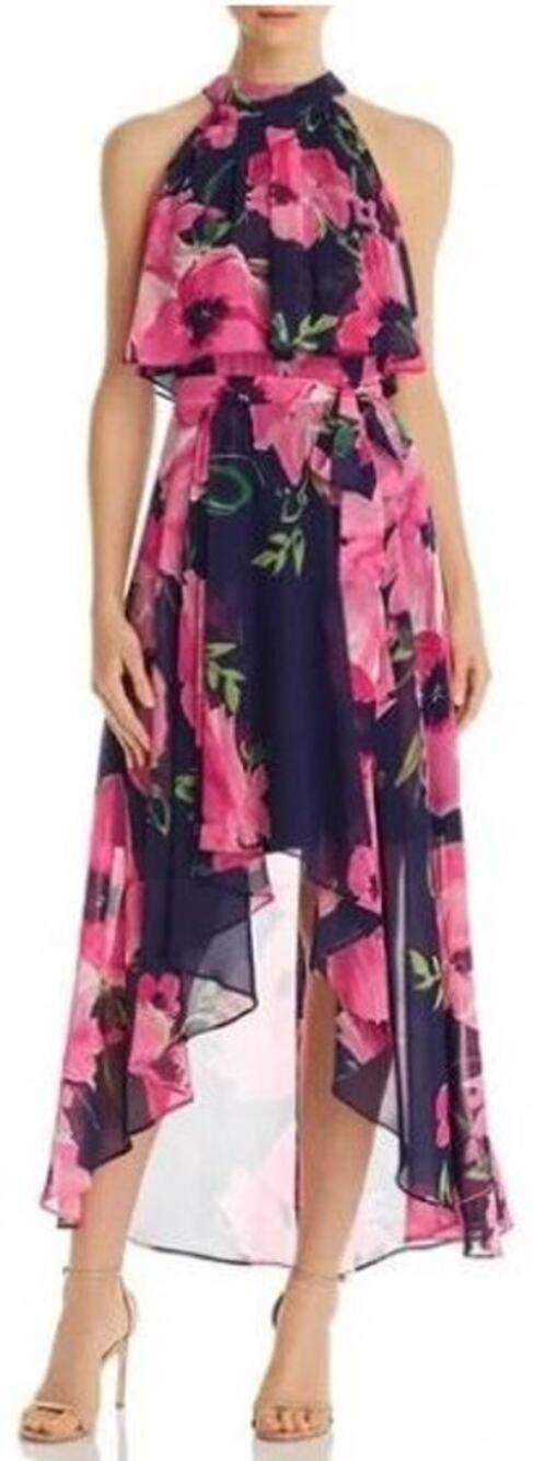 Eliza J Pink Floral Print Popover Chiffon High Low High Neck Midi Dress Size 6